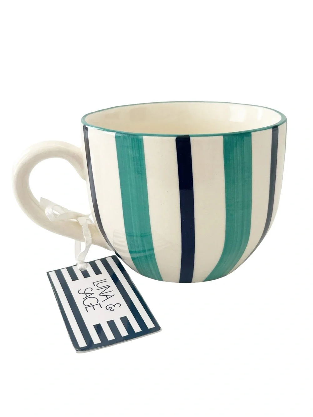 Luna & Sage Hand Painted Striped Ceramic Mug Teal Navy NWT